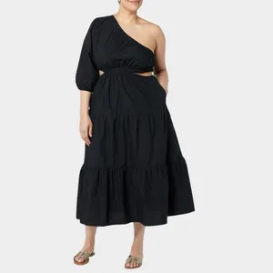 The Drop One Shoulder Cut-Out Tiered Midi Dress Large thumbnail 3
