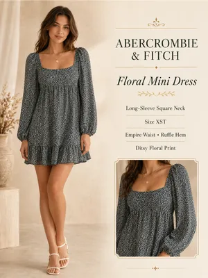 Abercrombie‎ & Fitch Green Ditsy Floral Square-Neck Long Sleeve Mini Dress thumbnail 2