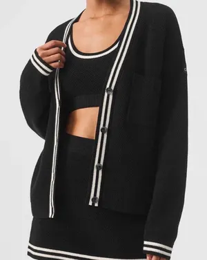 Alo Yoga Tennis Club Sweater Knit Cardigan Black/Ivory M thumbnail 1