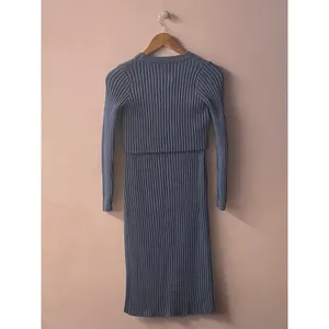 Dusty Blue Ribbed Knit Sweater Crop Top & Skirt Set Size S EUC thumbnail 9