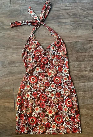 Floral Halter dress in orange and Brown thumbnail 1