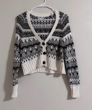 American Eagle Outfitters Ivory, Black & Gray Fair Isle Button Cardigan thumbnail 1