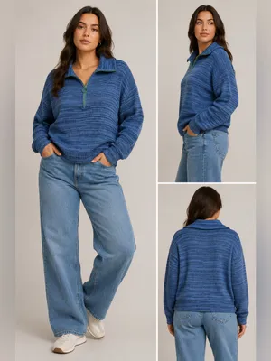 Aerie Women’s Large Blue Marled Knit Quarter Zip Oversized Wool Blend Sweater thumbnail 2