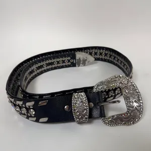Nocona 2000s Grunge Black Silver Genuine Leather Chunky Festival Indie Hippie Rhinestone Studded Belt Large Buckle Size XL thumbnail 5