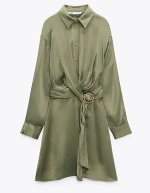 ZARA BELTED SATIN EFFECT FRONT TWIST MINI DRESS IN (khaki) GREEN SIZE S thumbnail 2