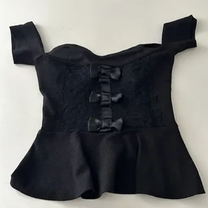 Black floral lace & bow sweetheart padded off shoulder baby doll ruffle top thumbnail 2