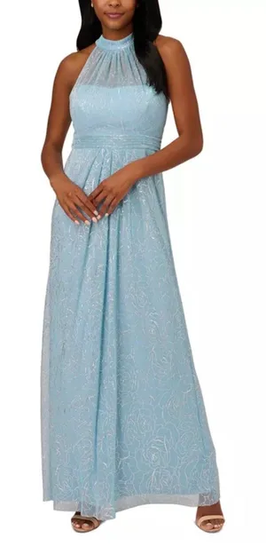 Adrianna Papell‎ | Floral Metallic Stencil Halter Gown thumbnail 1