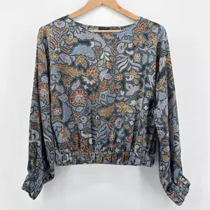 Ann Taylor Floral Mosaic Print Blouse Small Blue Brown Long Sleeve‎ Smocked Hem thumbnail 1