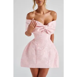 NWT Babyboo Raquel Blush Floral Jacquard Bow Off-The-Shoulder Mini Dress Size M thumbnail 4