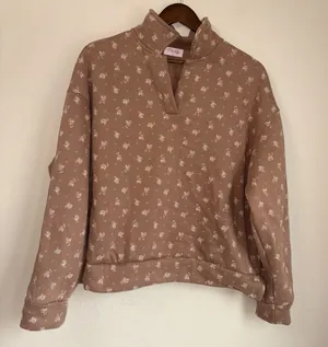 Pink Lily Floral Print Slit-Neck Sweatshirt Brown Size Large Long Sleeve thumbnail 1