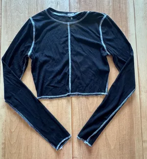 Garage Black Ribbed Contrast Stitch Crop Top‎ Long Sleeve Small P/S Edgy Y2K thumbnail 1