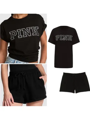 PINK Victoria's Secret Black Bling Diamanté Logo Campus Tee & Fleece Shorts L thumbnail 2