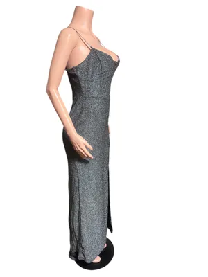 Black sparkly maxi dress with plunging neckline and side split #glamour M thumbnail 6