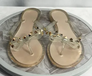Clear Jelly Thong Sandals Gold Studs Glitter Strap Women’s Size 9 thumbnail 1