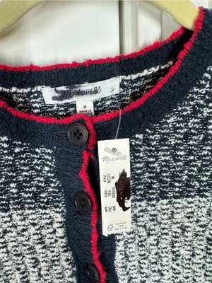 Madewell Striped Bouclé-Knit Cardigan Ivory And Navy Multi Stripe medium NEW thumbnail 3