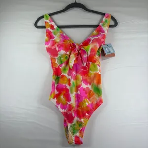 Shade & Shore Watercolor Floral Tie Front One Piece‎ Swimsuit High Leg Cheeky M thumbnail 2