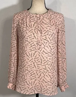 Banana Republic Factory Blouse Women's Size Small Pink Long Sleeve French Words thumbnail 1