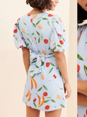 Finders Keepers Calypso Light Blue Fruit Print Puff Sleeve Mini Dress XS thumbnail 4