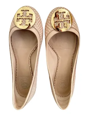 Tory Burch Reva Size 37 Beige Snake Print Leather Ballet Flats thumbnail 1