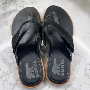 Sorel Ella II Sandal Black Leather Suede Thong Flat Sandals Womens 9.5 thumbnail 3