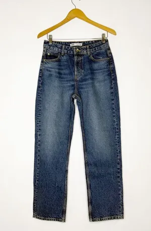 Zara Women’s High Rise Straight Leg Jeans Size 4 Button Fly Blue Wash thumbnail 1
