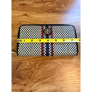 Tory Burch Woven Leather Checkerboard Zip Continental Wallet Navy White OS thumbnail 7
