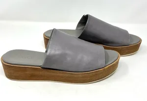 Vince Saskia Truffle Gray Leather Stacked Wood Platform Slide Sandals EU 40 US 9 thumbnail 1