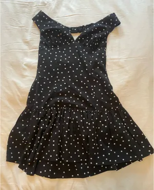 Lucy in the Sky Polka Dot Off Shoulder Drop Waist Dress in Black thumbnail 3