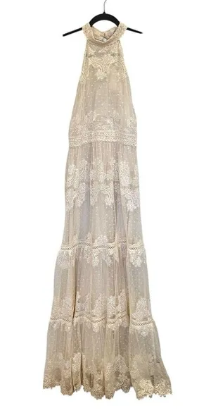 Champagne & Strawberry Tiered Maxi Dress With Crochet Trim & Floral Appliqué thumbnail 1
