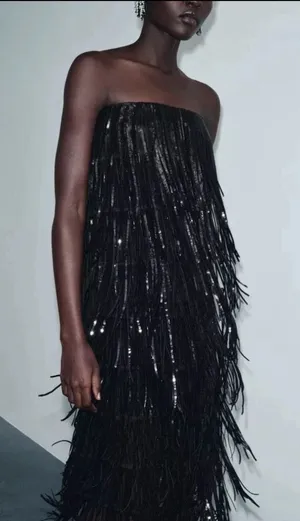 Zara‎ limited edition Strapless Black Fringe Sequin Evening Dress thumbnail 1