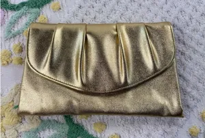 Vintage Metallic Gold Pleated‎ Envelope Clutch Evening Bag Handbag Wedding Party thumbnail 1