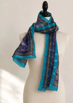 Teal Blue Purple Paisley Sheer Silky Lightweight Scarf Wrap thumbnail 1