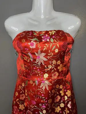 Lulus Dress Womens Medium Red Floral Jacquard Strapless Sheath Maxi Side Slit thumbnail 2