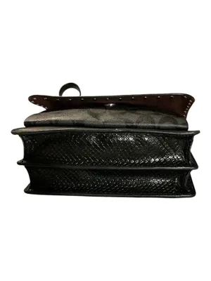 COACH Black Leather & Signature Canvas Studded Crossbody Shoulder Bag w/ Chain Strap thumbnail 4