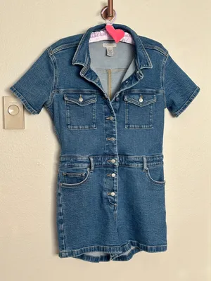 Outerknown Small Denim Vintage Style Jean Romper Collared Button Down Blue thumbnail 1