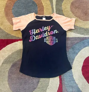 Harley-Davidson Black and Pink Raglan Tee Y2K Style Vintage Retro thumbnail 1