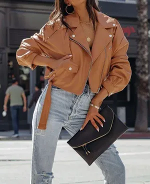 Avec Les Filles Biscotti Vegan Leather Moto Jacket Belted Crop thumbnail 1