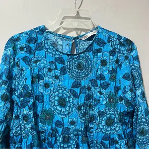 Zara Women's Blue Floral 3/4 Sleeve Mini‎ Dress Size Large Ruffle Casual thumbnail 3