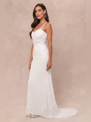 Lulus Momentous Love White Beaded Bustier Mesh Mermaid Maxi Dress Size Medium thumbnail 3