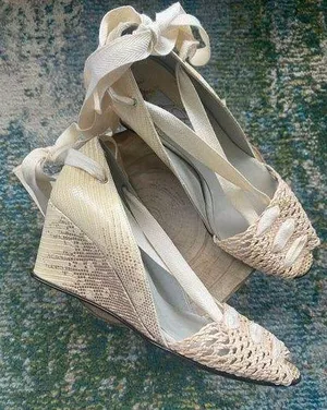 Diana Broussard snakeskin wedge woven ankle tie peep toe wedges, size 6.5M thumbnail 1