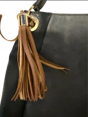 PRIMARK Mixed Media Slouchy Hobo Bag Black Faux Suede Leather Brown Tassels thumbnail 2