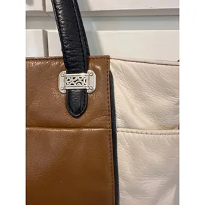 Brighton Tri-Color Leather Tote Bag Brown Cream Black Heart shoulder purse thumbnail 2