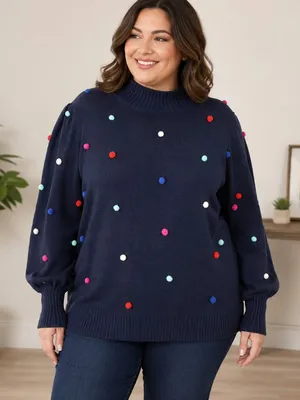 Crown & Ivy 1X Navy Turtleneck Sweater Multicolor Pom Pom Knit Long Puff Sleeve thumbnail 1