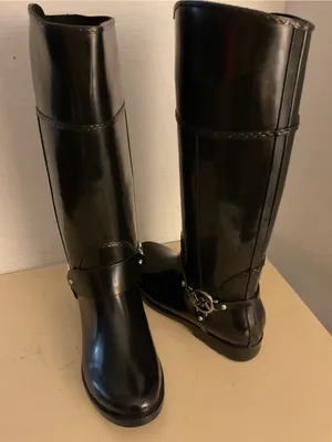 Michael Kors women Glossy Black Tall MK Logo Fulton harness Rain Boots US 8 thumbnail 2