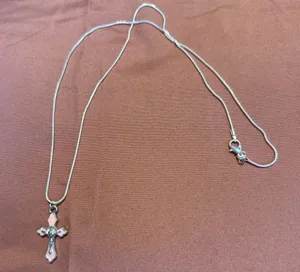 Sterling Silver 925 Cross Pendant Necklace with Pink Enamel thumbnail 1