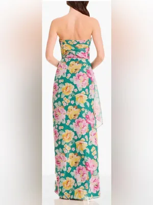 NEW Dress the Population Lulu Metallic Floral Strapless Pine multi Gown sz L thumbnail 2