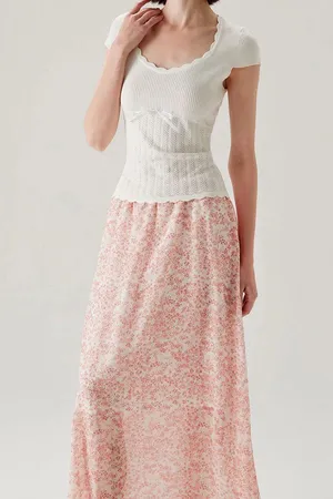 Rihoas Pink Floral Elastic Waist Flared Skirt thumbnail 4