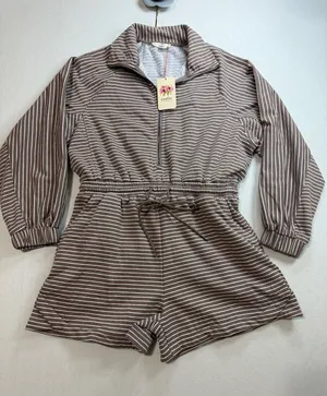 entro Taupe & White Striped Half-Zip Romper thumbnail 1