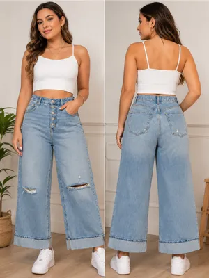 Universal Threads Light Blue High-Rise Wide Leg Distressed Jeans thumbnail 2
