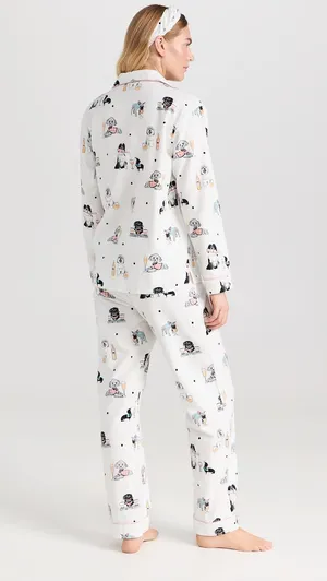 P. J. Salvage Ivory Puppy Print Flannel Long Sleeve Pajama Top and Headband Set thumbnail 2